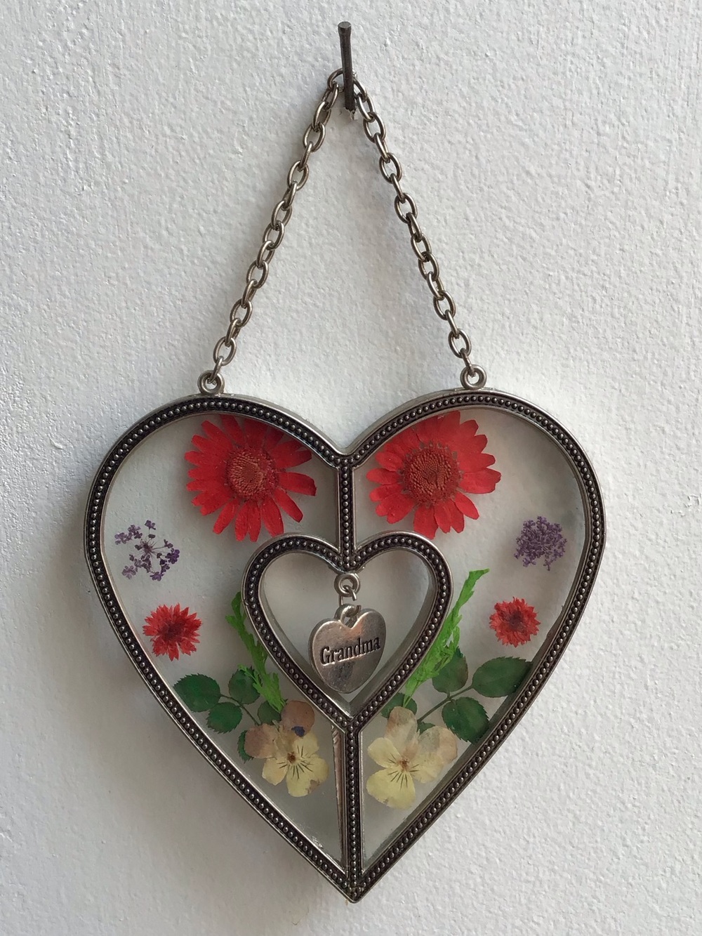 Pressed Glass Dry Flowers Heart Grandma Hanging Sun Catcher